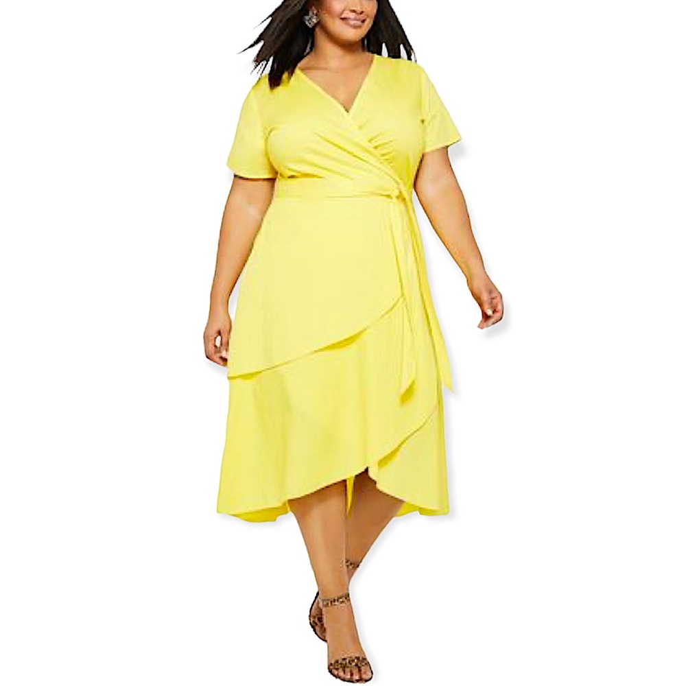 NWT Ashley stewart yellow tie waist wrap midi dress size 22/24
